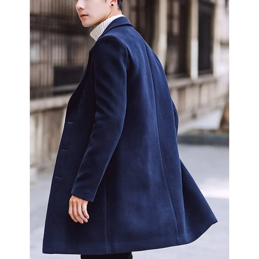 Men's Navy Wool Blend Pea Coat Notched Collar Single Breasted Overcoat